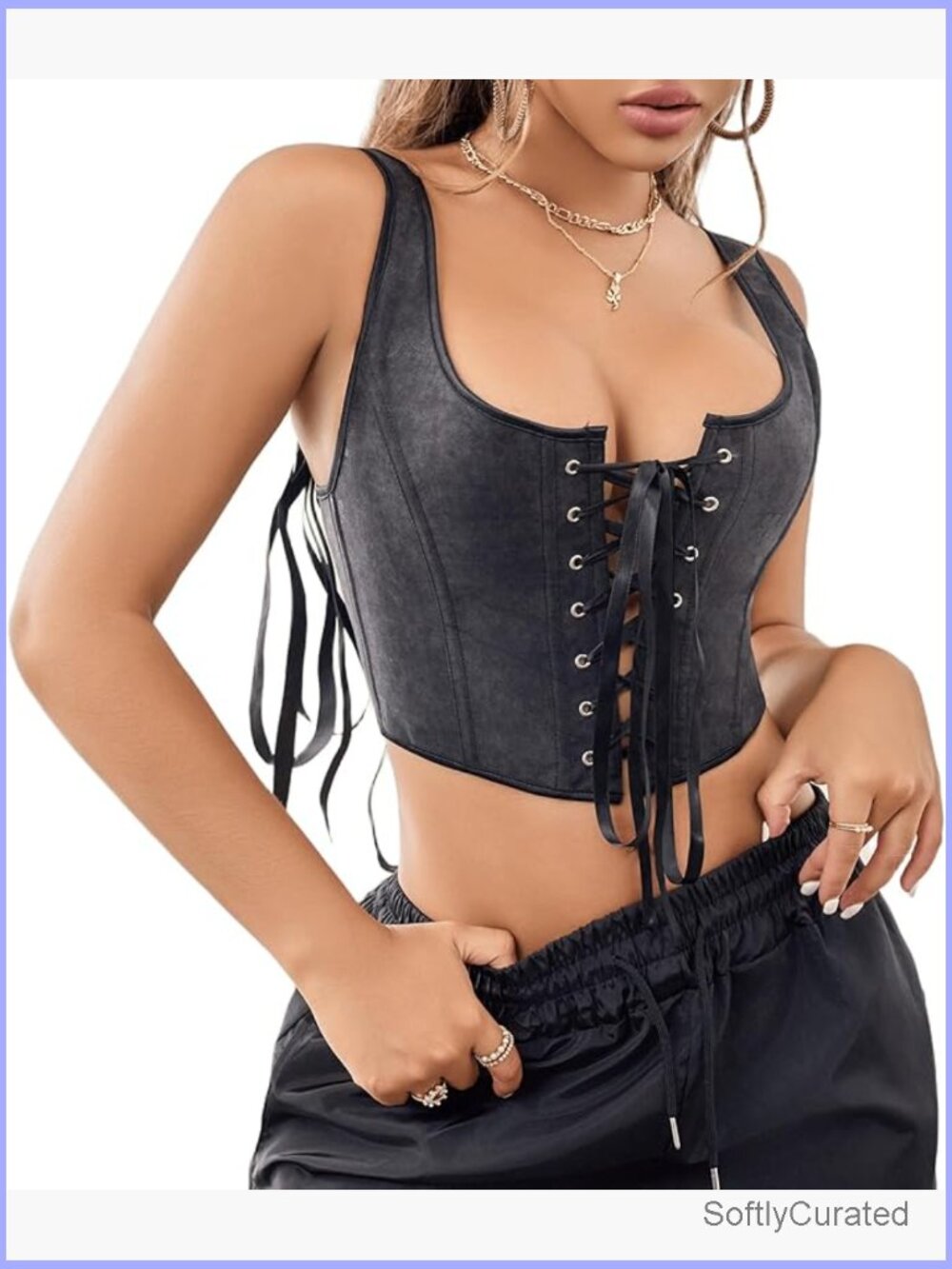 Vintage Black Lace-Up Bustier Corset Top Boned Overbustier Shapewear